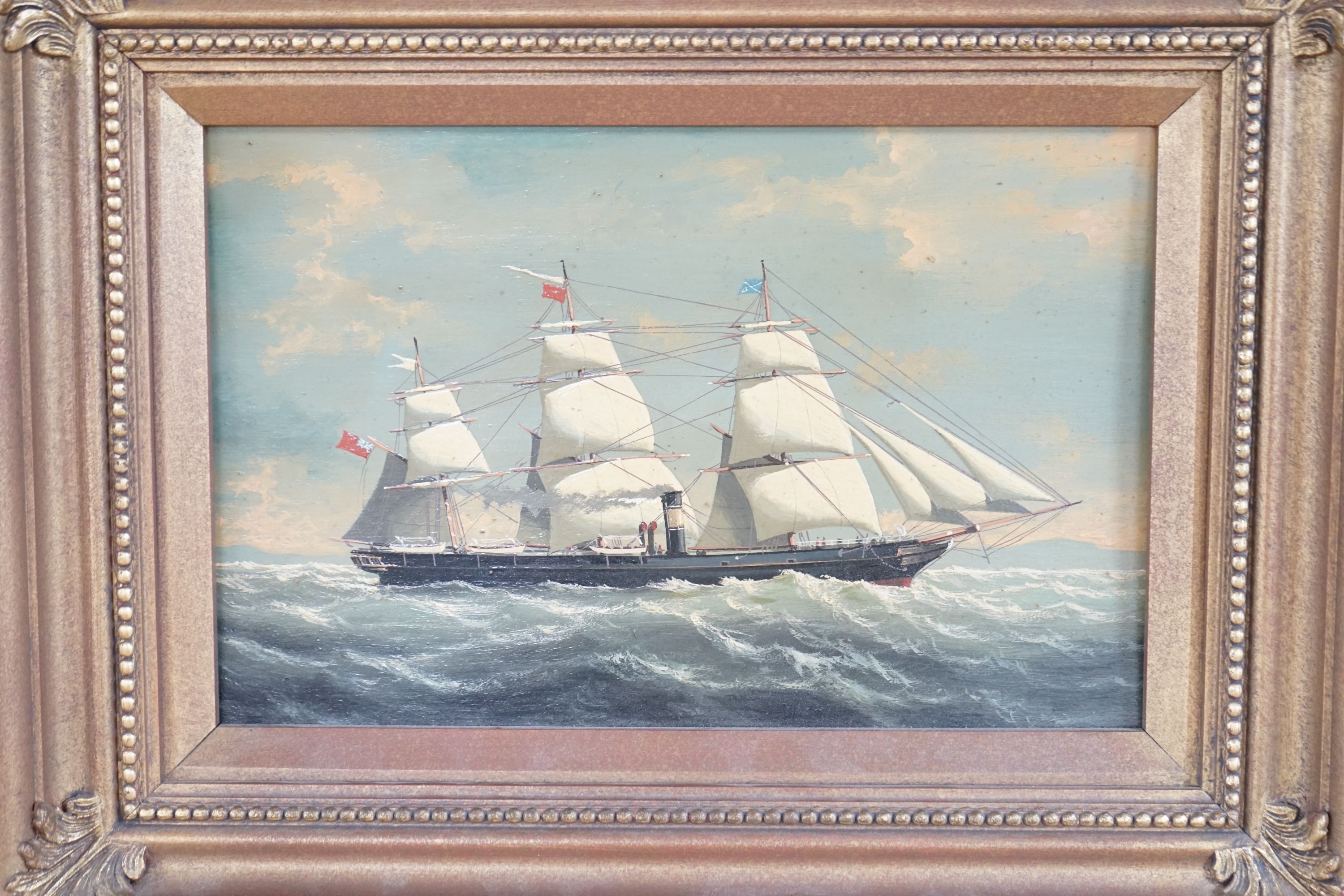 A pair of modern oils on panel of American and English steam and sail ships at sea, 17 x 26cm